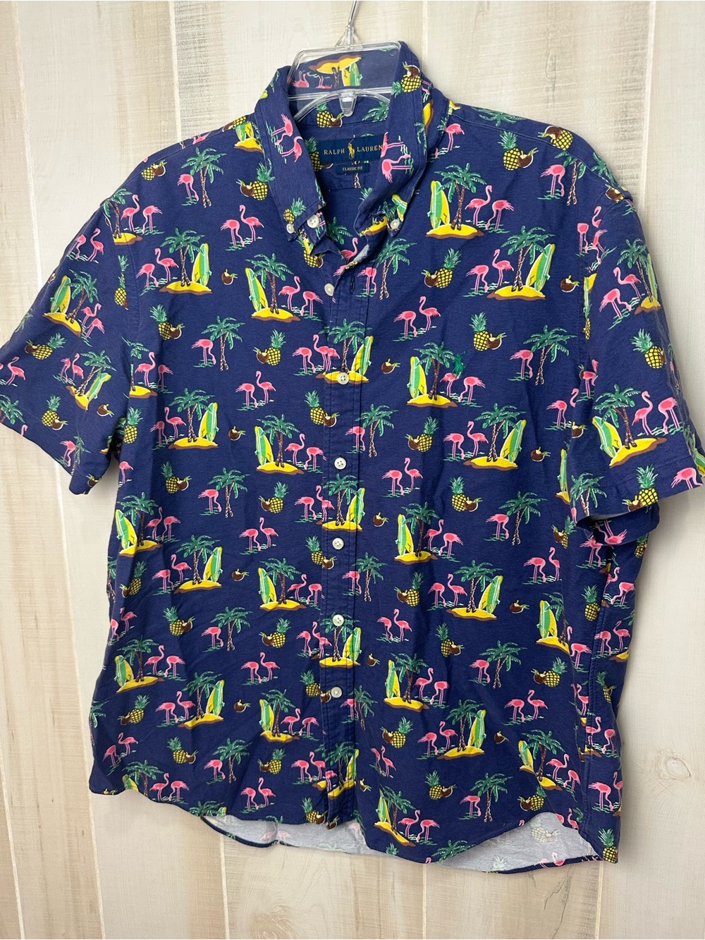 Ralph Lauren Navy Short-Sleeve Flamingo Hawaiian Print Pony Shirt